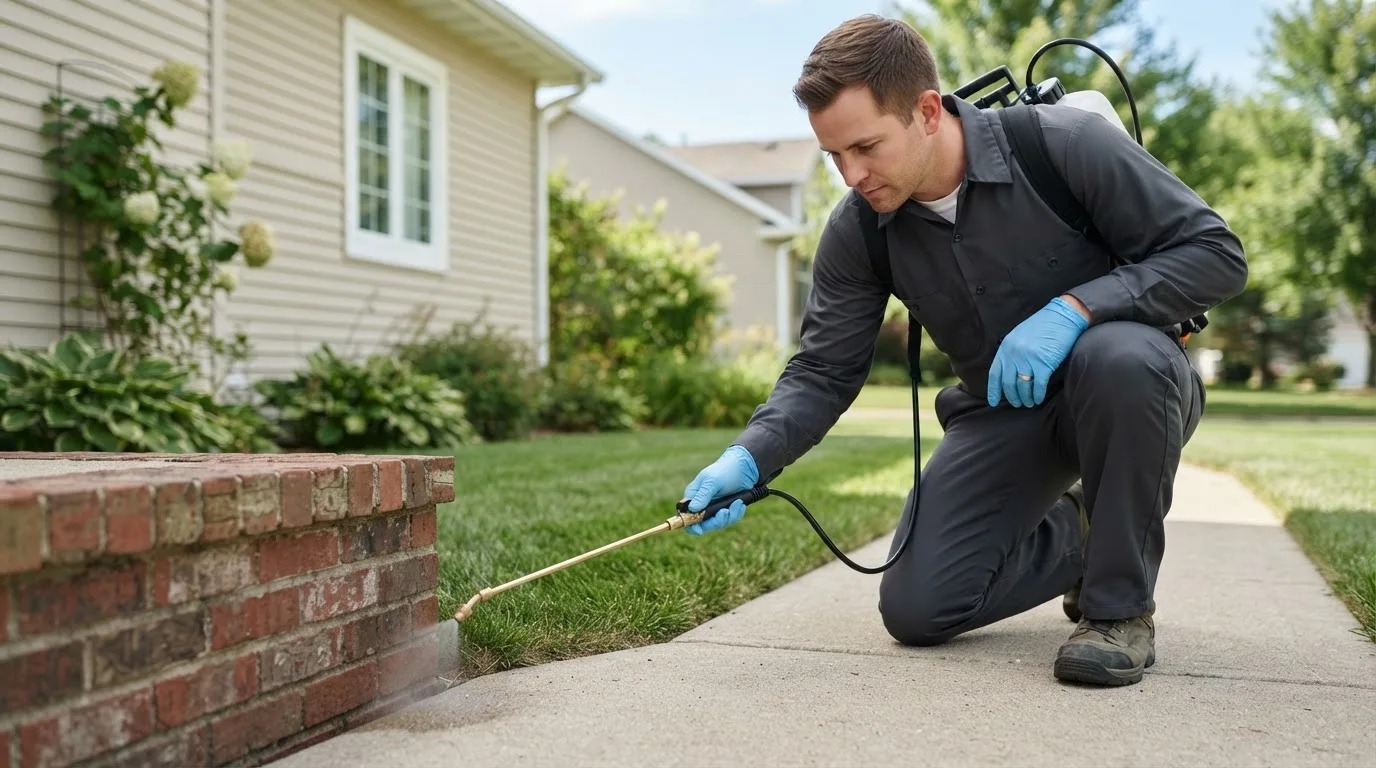 Pest control technician treating a home near Cumming, IA