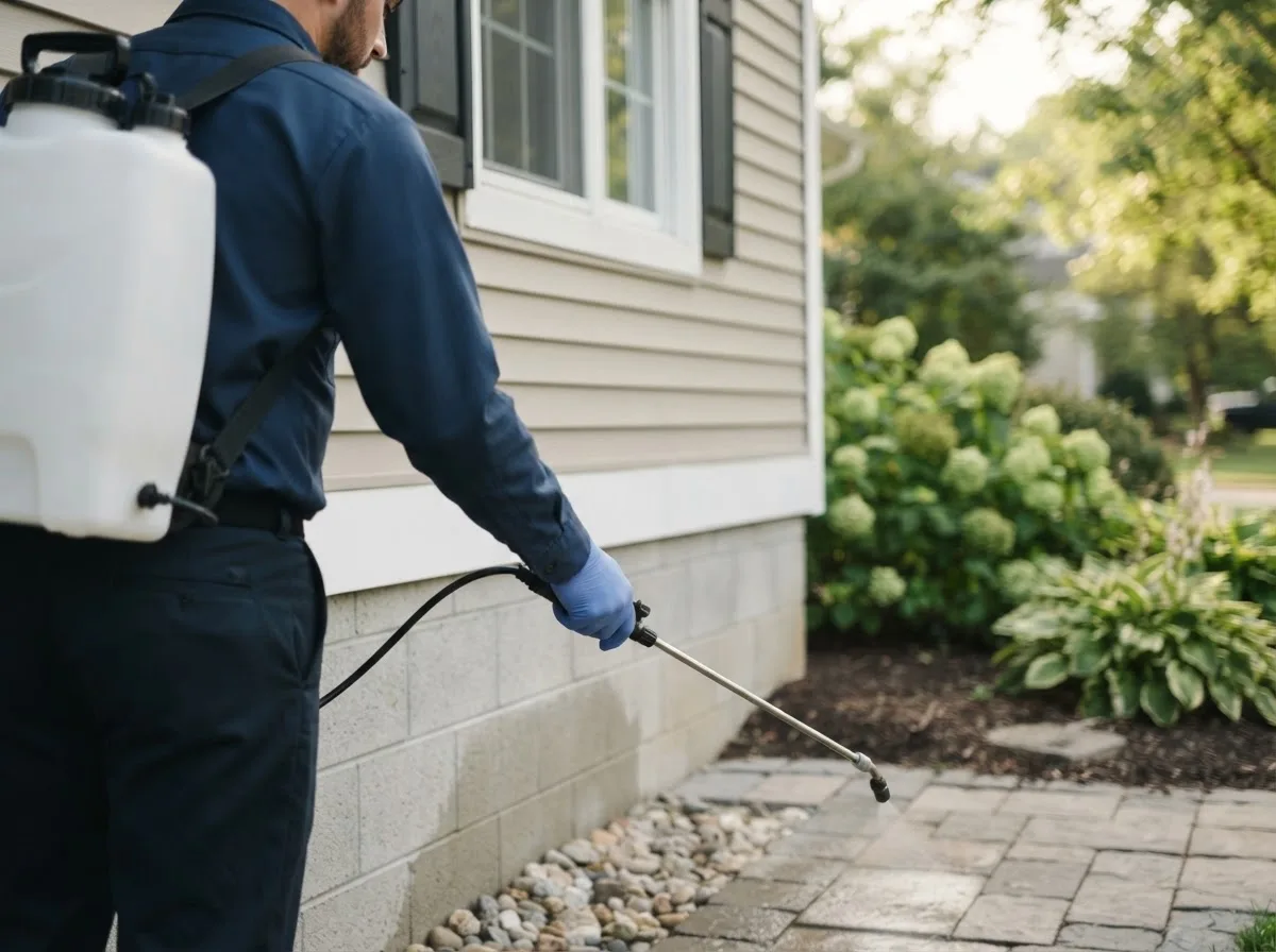 Pest control technician inspecting a home in Cumming, IA